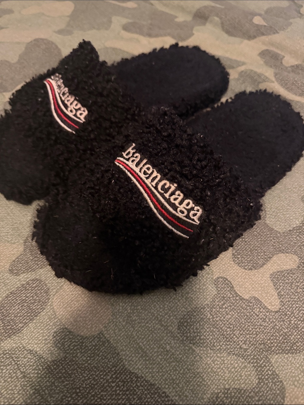 Balenciaga Black Sherpa Slide Slippers with Red White Accent